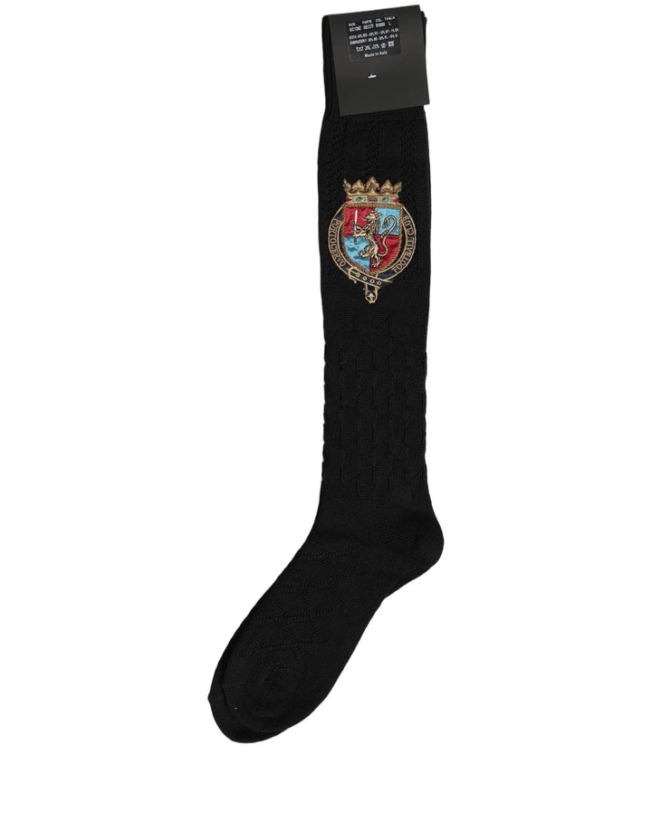 Dolce &amp; Gabbana Men Black Wool Crest Logo Knee High Accessory Socks