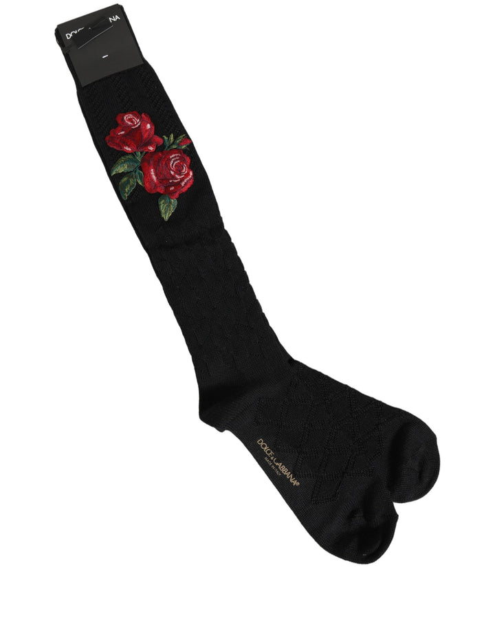 Dolce &amp; Gabbana Black Wool Floral Over The Calf Accessory Socks