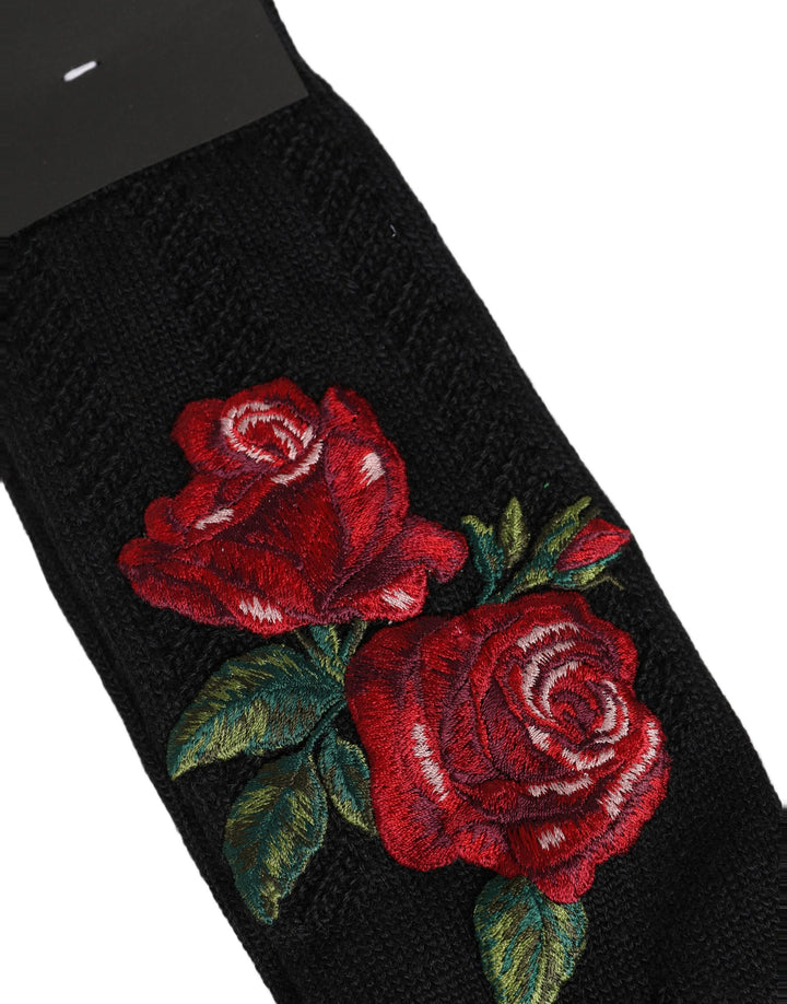 Dolce &amp; Gabbana Black Wool Floral Over The Calf Accessory Socks