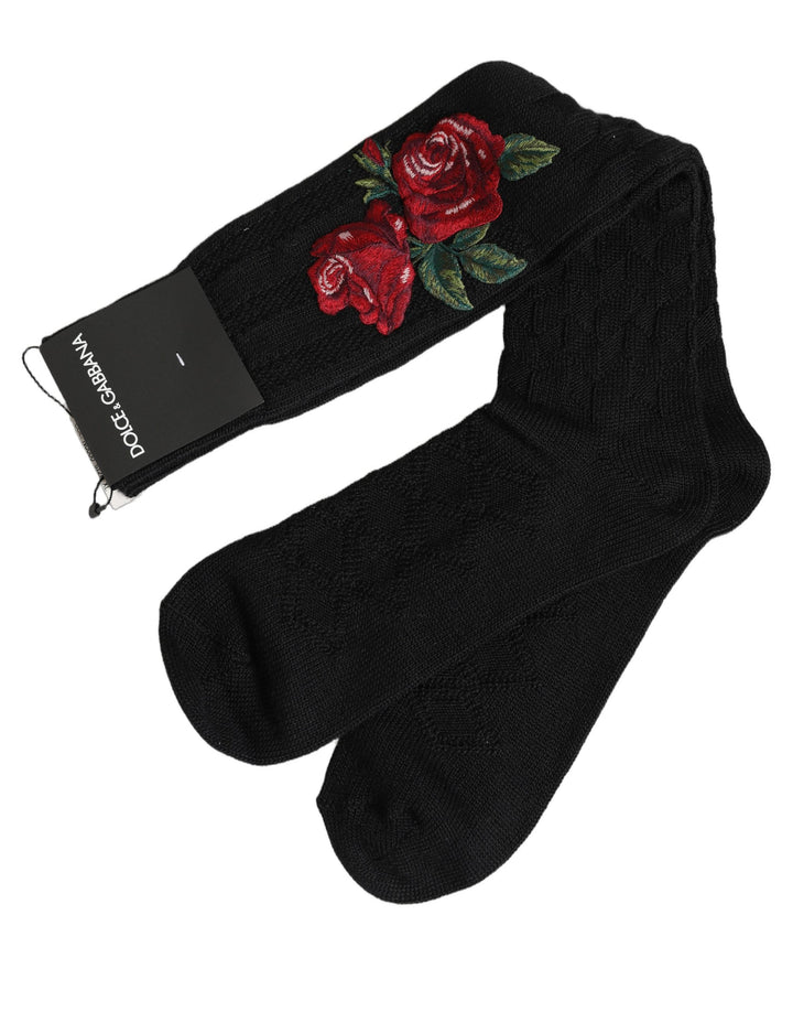 Dolce &amp; Gabbana Black Wool Floral Over The Calf Accessory Socks