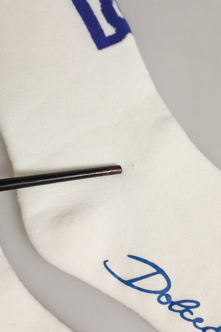 Dolce &amp; Gabbana White Blue Cotton Logo Calf Women Accessory Socks