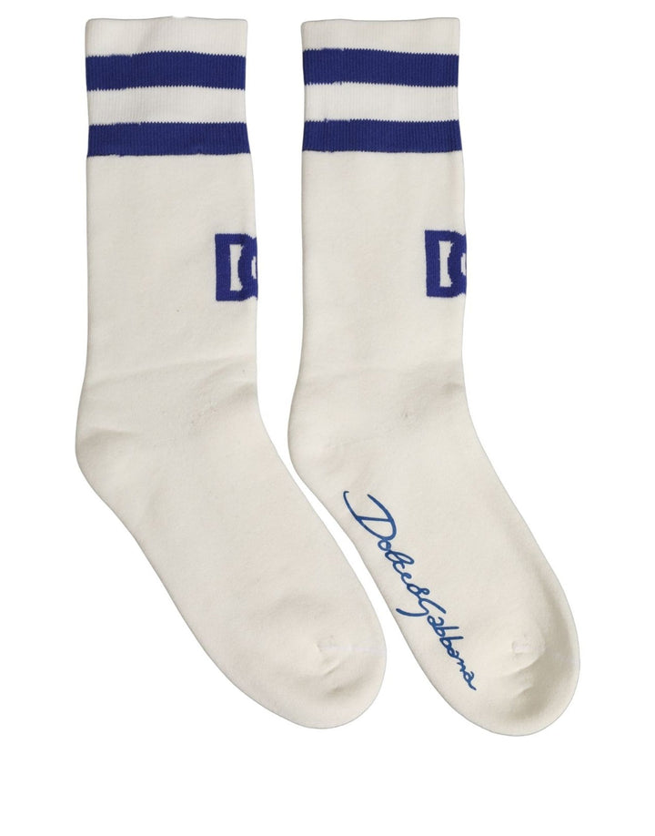 Dolce &amp; Gabbana White Blue Cotton Logo Calf Women Accessory Socks