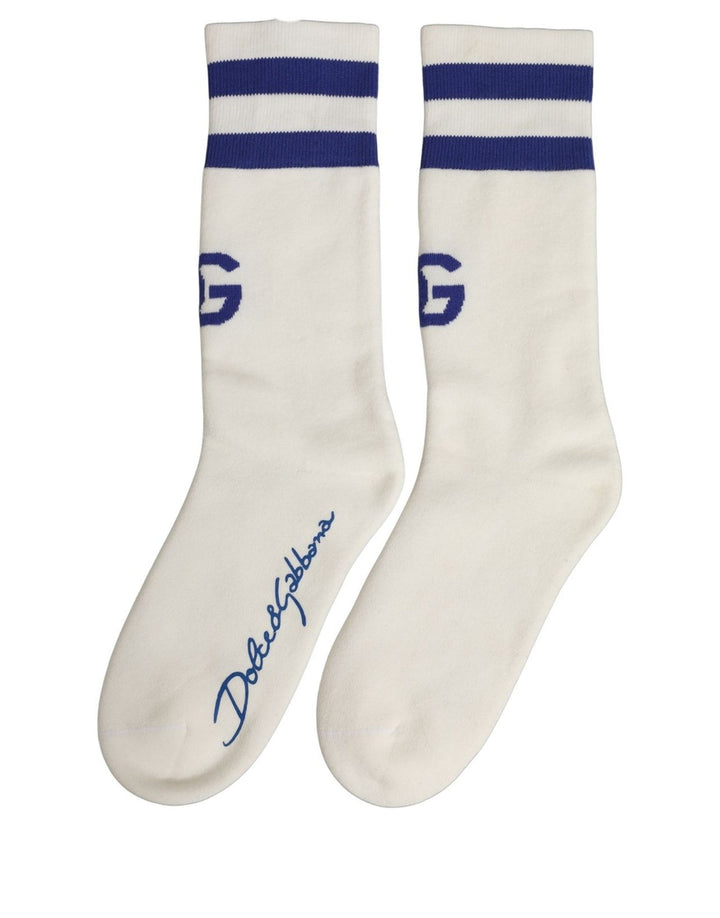 Dolce &amp; Gabbana White Blue Cotton Logo Calf Women Accessory Socks