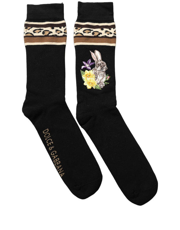 Dolce &amp; Gabbana Black Rabbit Floral Wool Mid Calf Accessory Socks