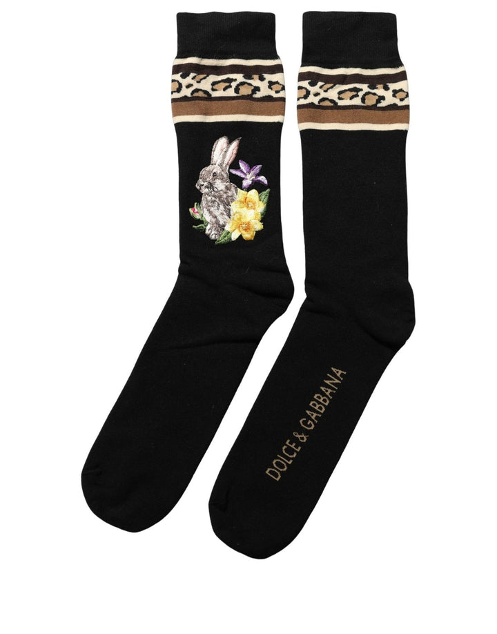 Dolce &amp; Gabbana Black Rabbit Floral Wool Mid Calf Accessory Socks