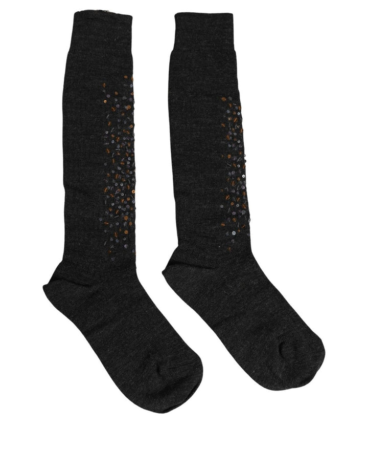Dolce &amp; Gabbana Dark Gray Sequined Wool Knee High Accessory Socks
