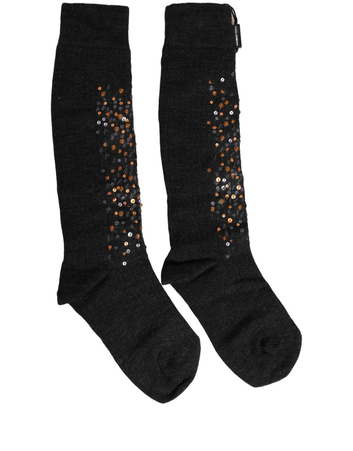 Dolce &amp; Gabbana Dark Gray Sequined Wool Knee High Accessory Socks