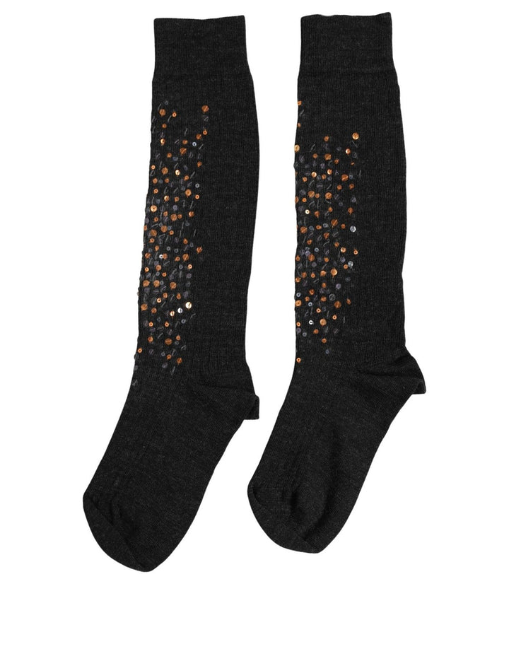 Dolce &amp; Gabbana Dark Gray Sequined Wool Knee High Accessory Socks
