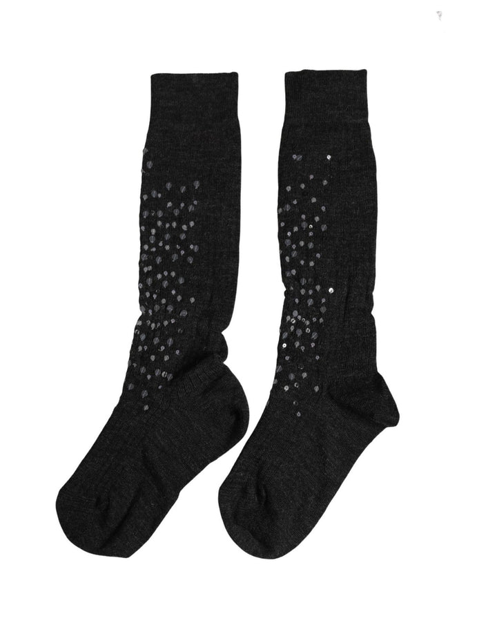 Dolce &amp; Gabbana Dark Gray Sequined Wool Knee High Accessory Socks