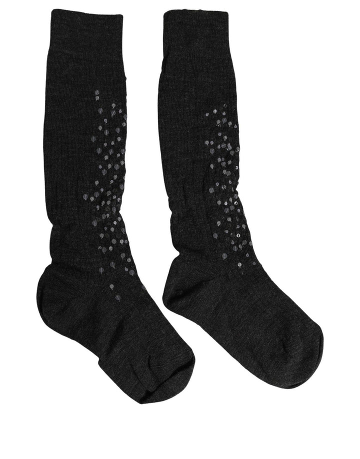 Dolce &amp; Gabbana Dark Gray Sequined Wool Knee High Accessory Socks