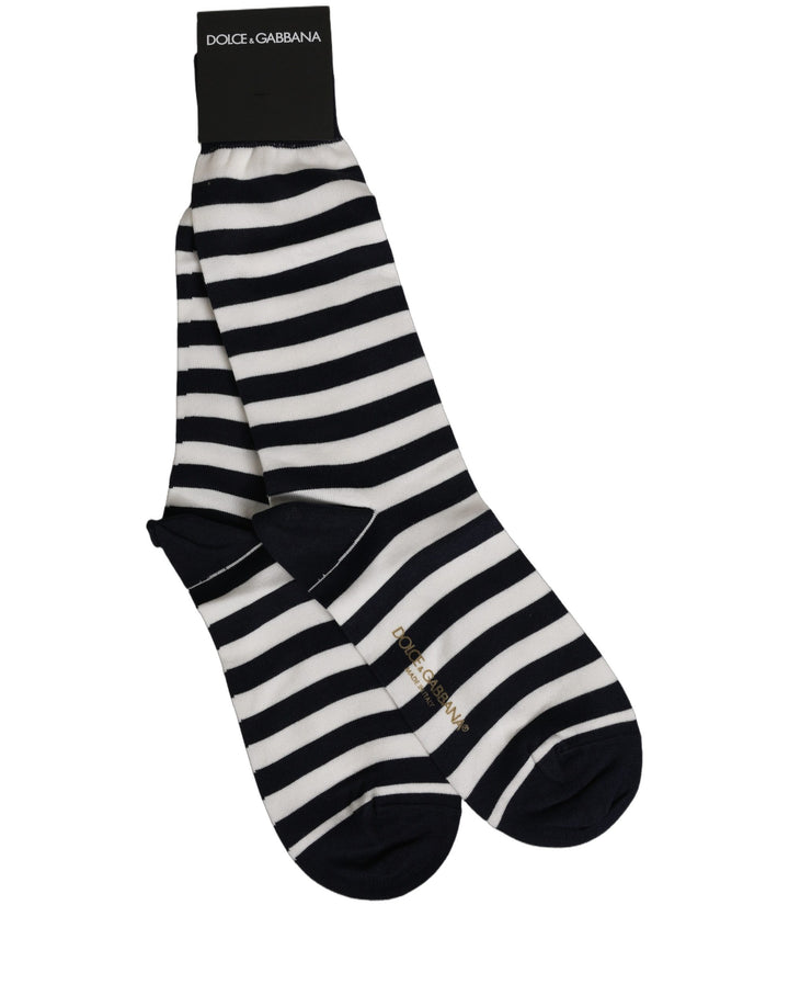 Dolce &amp; Gabbana Black White Stripes Cotton Mid Calf Accessory Socks