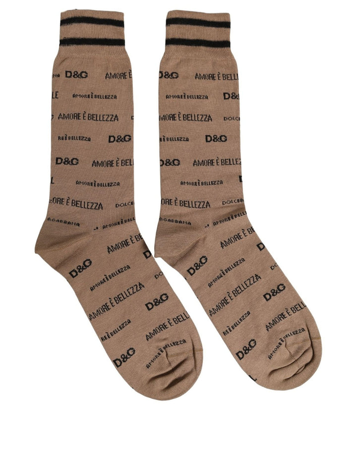 Dolce &amp; Gabbana Brown Cotton Logo Print Mid Calf Accessory Socks