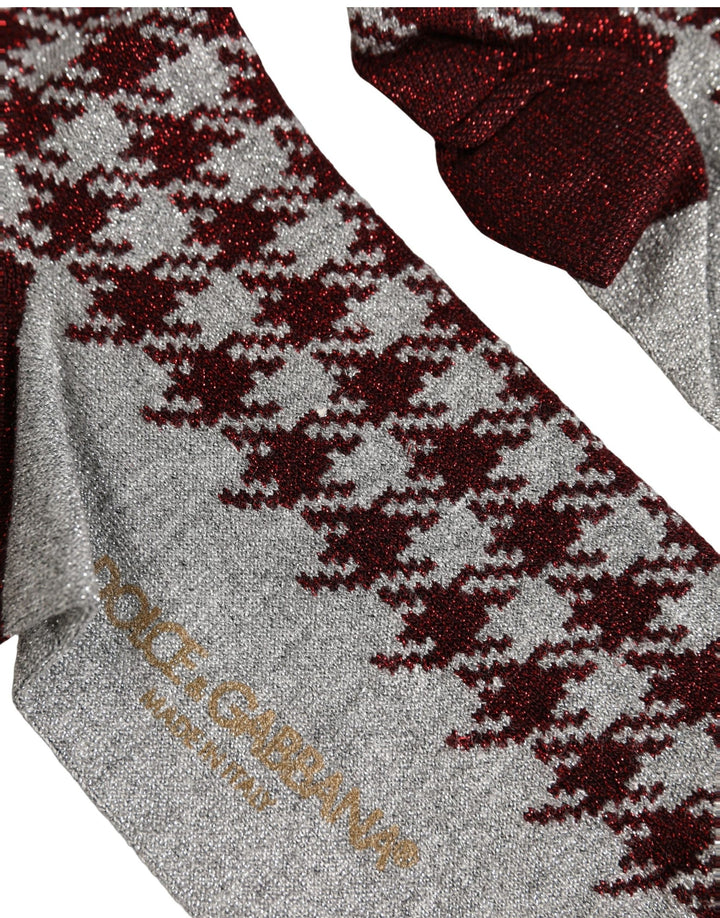 Dolce &amp; Gabbana Maroon Gray Houndstooth Mid Calf Accessory Socks