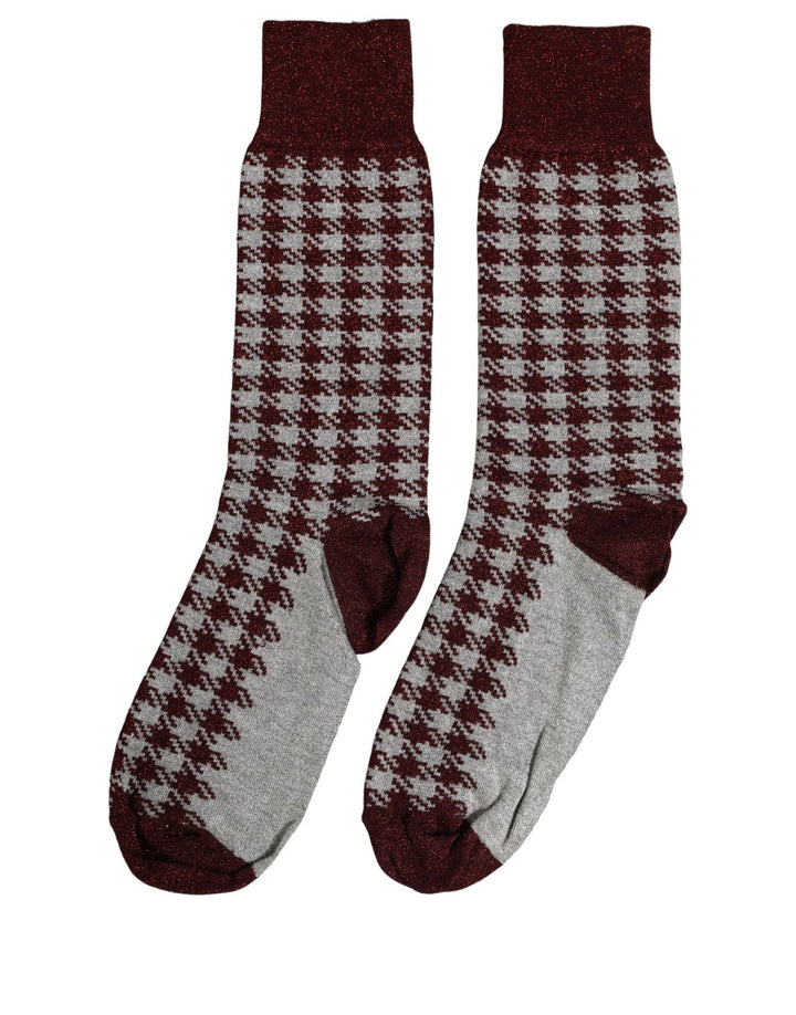Dolce &amp; Gabbana Maroon Gray Houndstooth Mid Calf Accessory Socks
