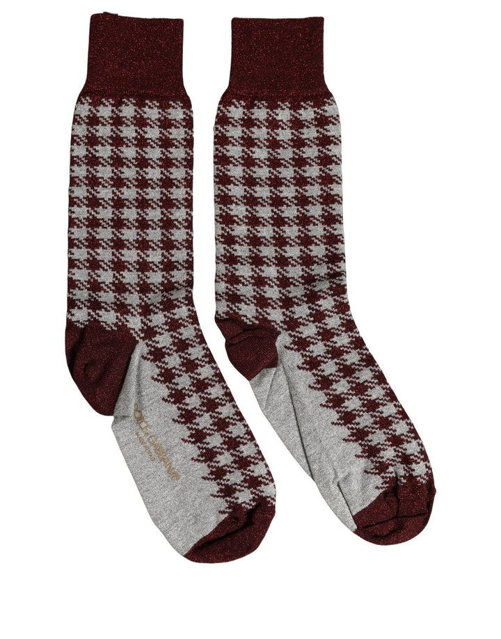 Dolce &amp; Gabbana Maroon Gray Houndstooth Mid Calf Accessory Socks