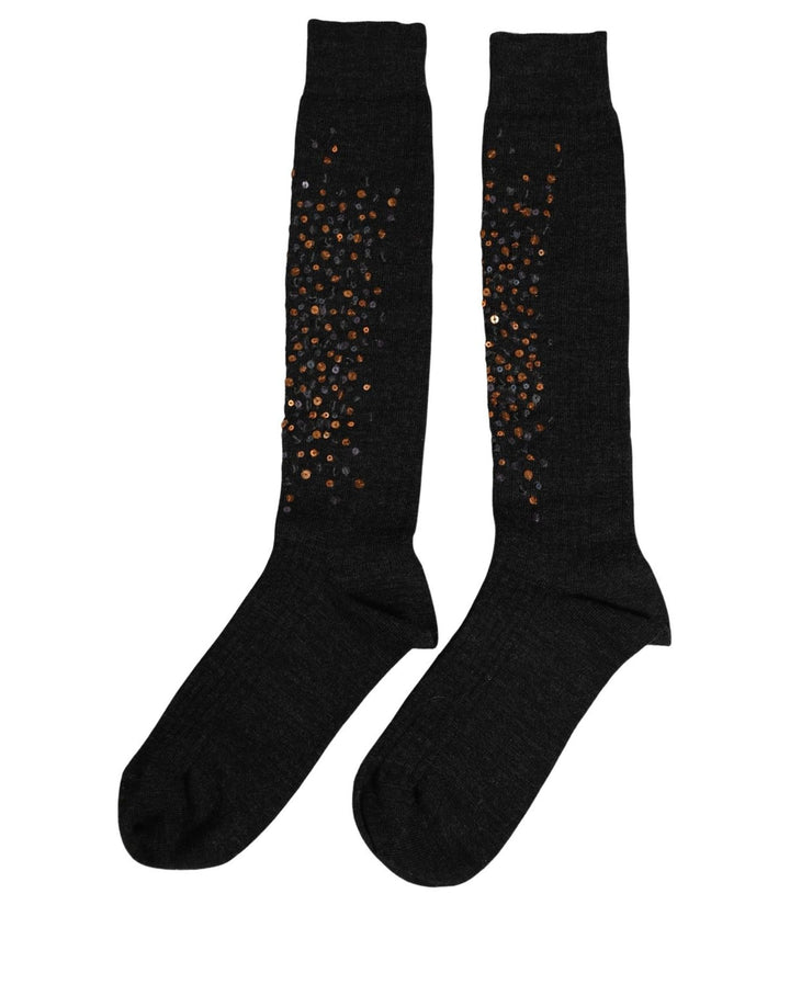 Dolce &amp; Gabbana Dark Gray Sequined Wool Knee High Accessory Socks
