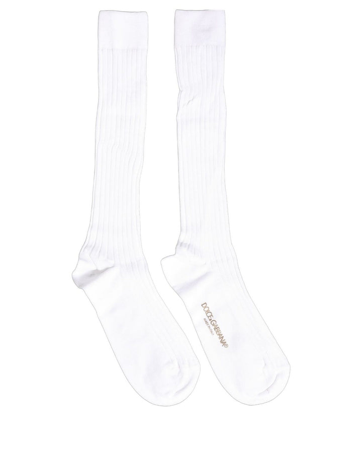 Dolce &amp; Gabbana White Cotton Ribbed Logo Over The Calf Women Socks