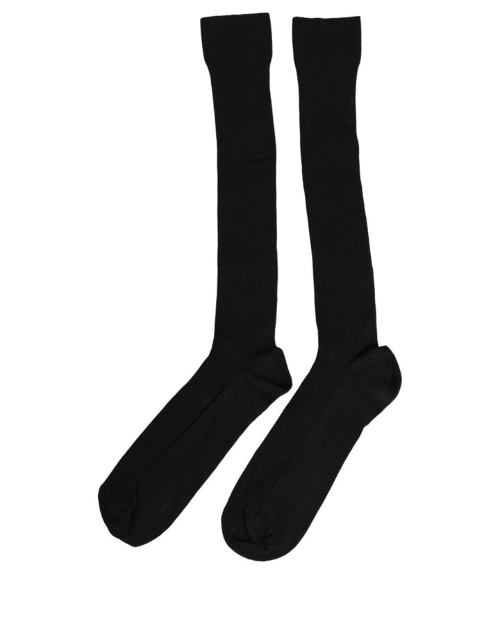Dolce &amp; Gabbana Black Cotton Ribbed Logo Over The Calf Women Socks