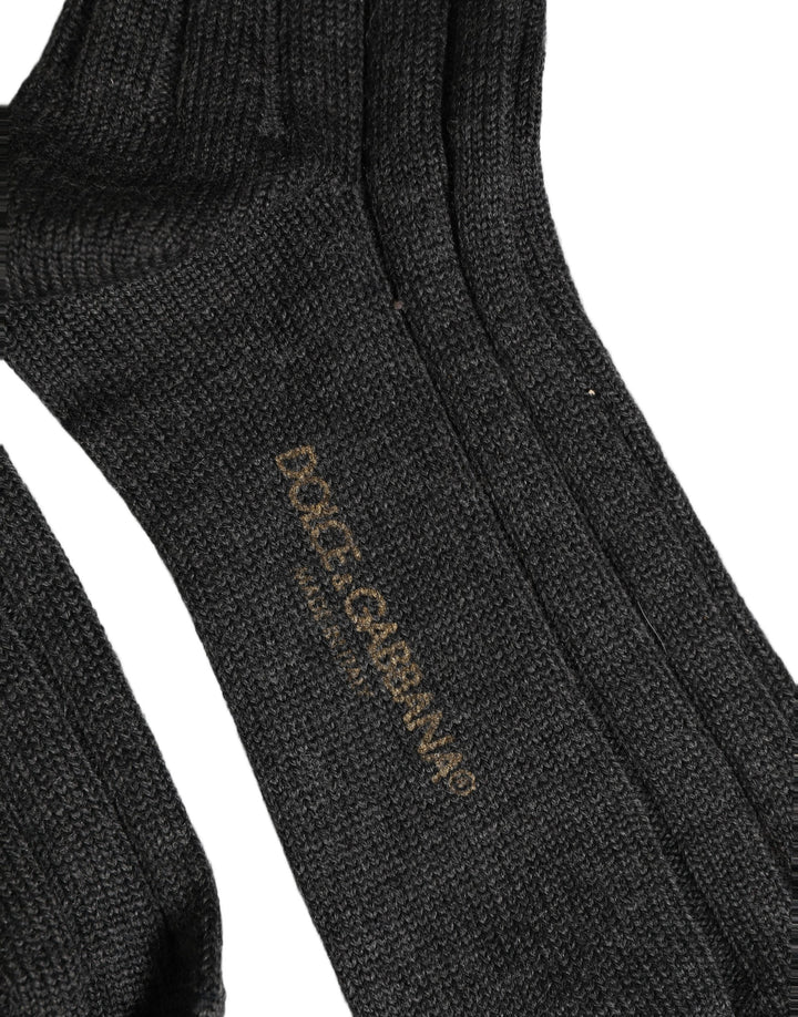 Dolce &amp; Gabbana Dark Gray Wool Logo Calf Long Ribbed Accessory Socks