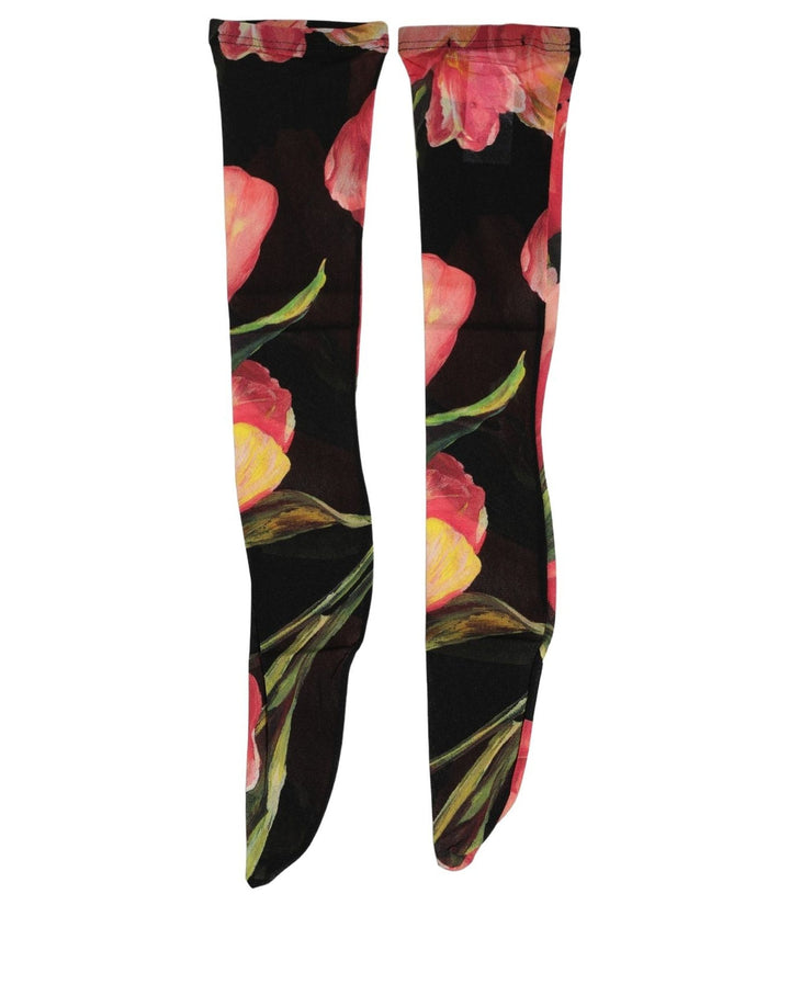 Dolce &amp; Gabbana Black Pink Floral Tulip Nylon Stockings Socks