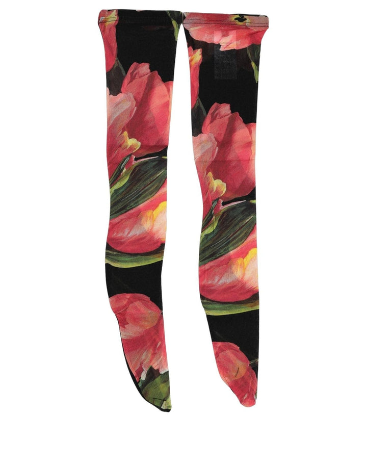 Dolce &amp; Gabbana Black Pink Floral Tulip Nylon Stockings Socks