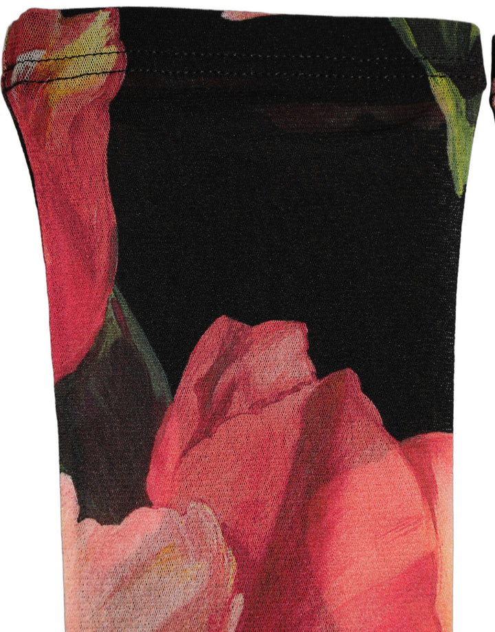 Dolce &amp; Gabbana Black Pink Floral Tulip Nylon Stockings Socks