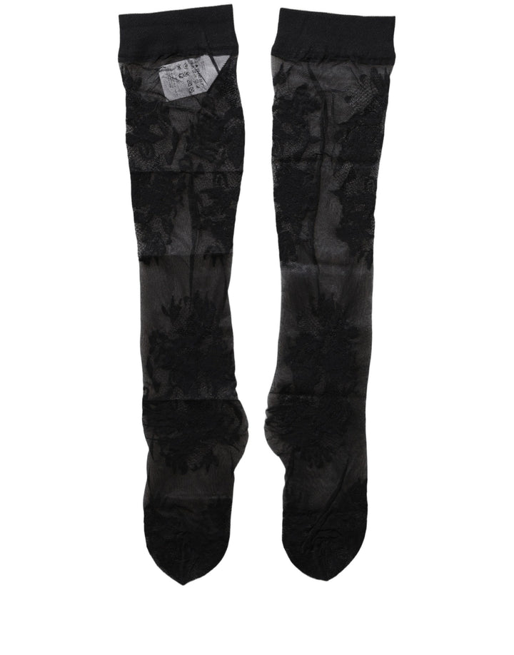 Dolce &amp; Gabbana Black Floral Nylon Stretch Over The Calf Socks
