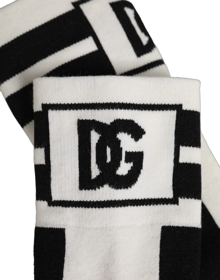 Dolce &amp; Gabbana White Black Cotton Stretch Knee High Socks