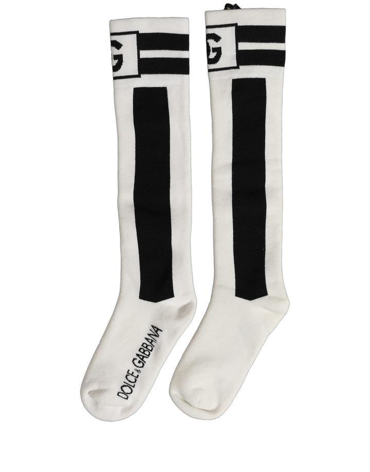 Dolce &amp; Gabbana White Black Cotton Stretch Knee High Socks