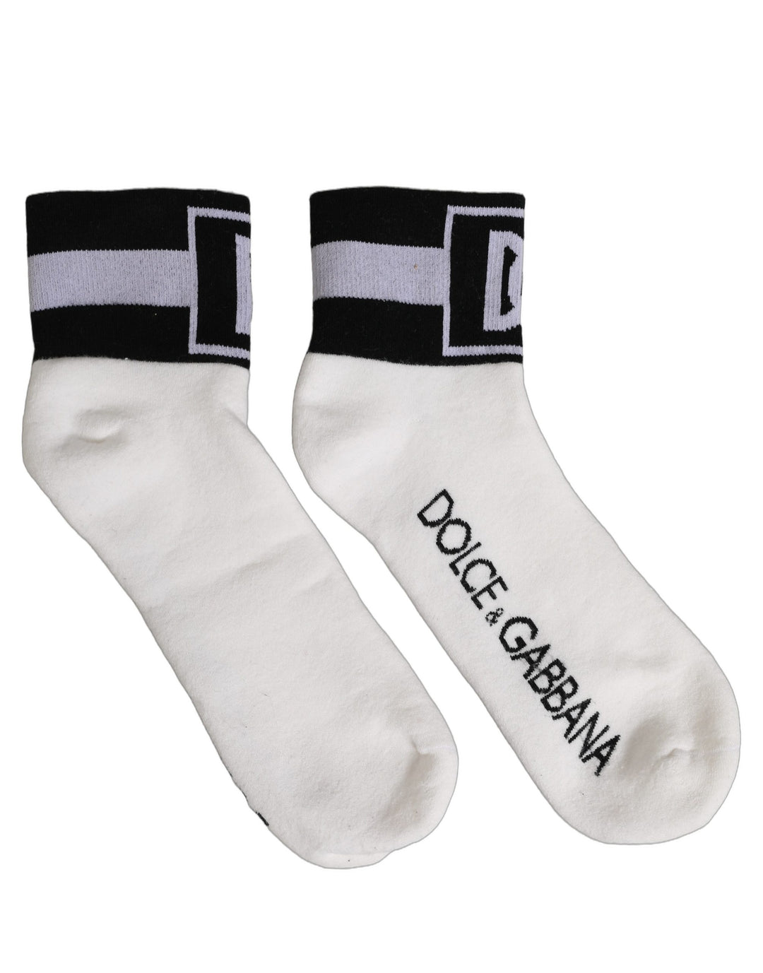 Dolce &amp; Gabbana White Black Cotton Ankle Length DG Logo Socks