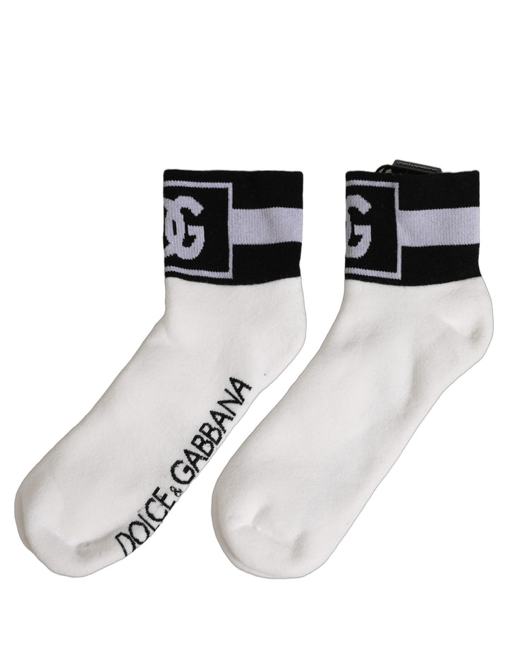 Dolce &amp; Gabbana White Black Cotton Ankle Length DG Logo Socks