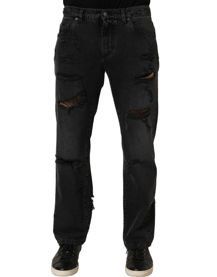 Dolce &amp; Gabbana Dark Gray Cotton Ripped Men Denim Jeans
