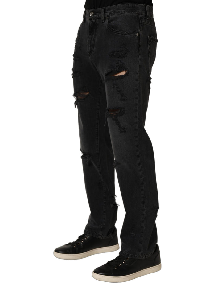 Dolce &amp; Gabbana Dark Gray Cotton Ripped Men Denim Jeans