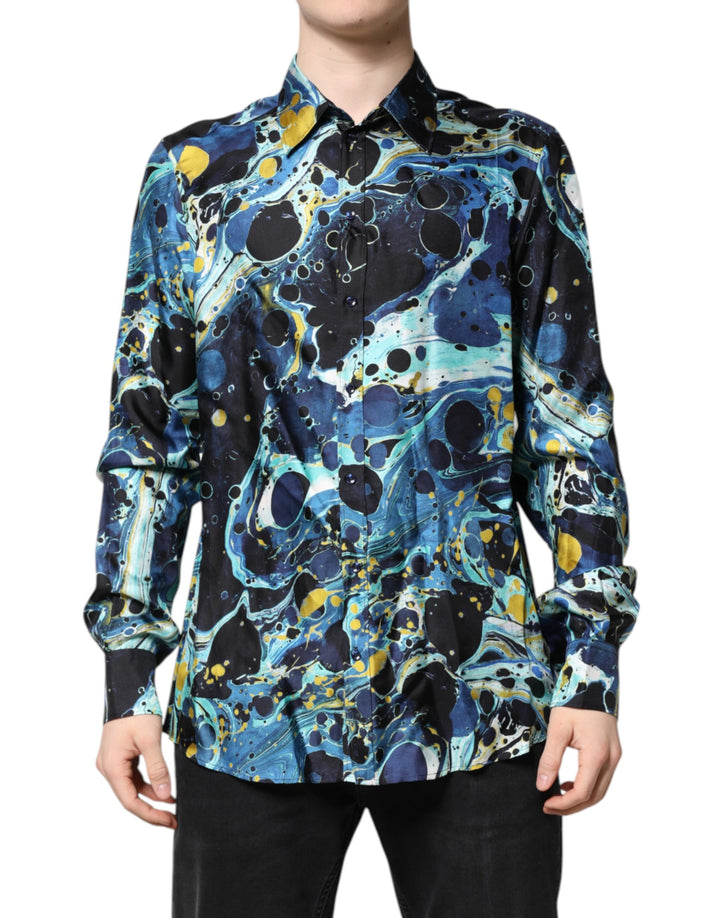 Dolce &amp; Gabbana Blue Marble Print MARTINI Dress Formal Shirt