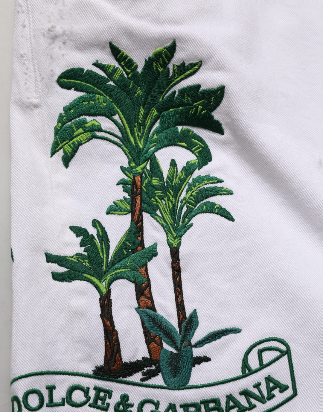 Dolce &amp; Gabbana White Palm Embroidery Denim Bermuda Shorts