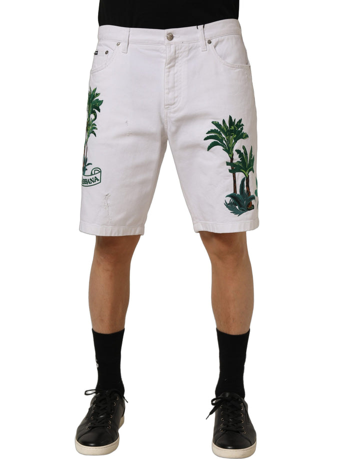 Dolce &amp; Gabbana White Palm Embroidery Denim Bermuda Shorts