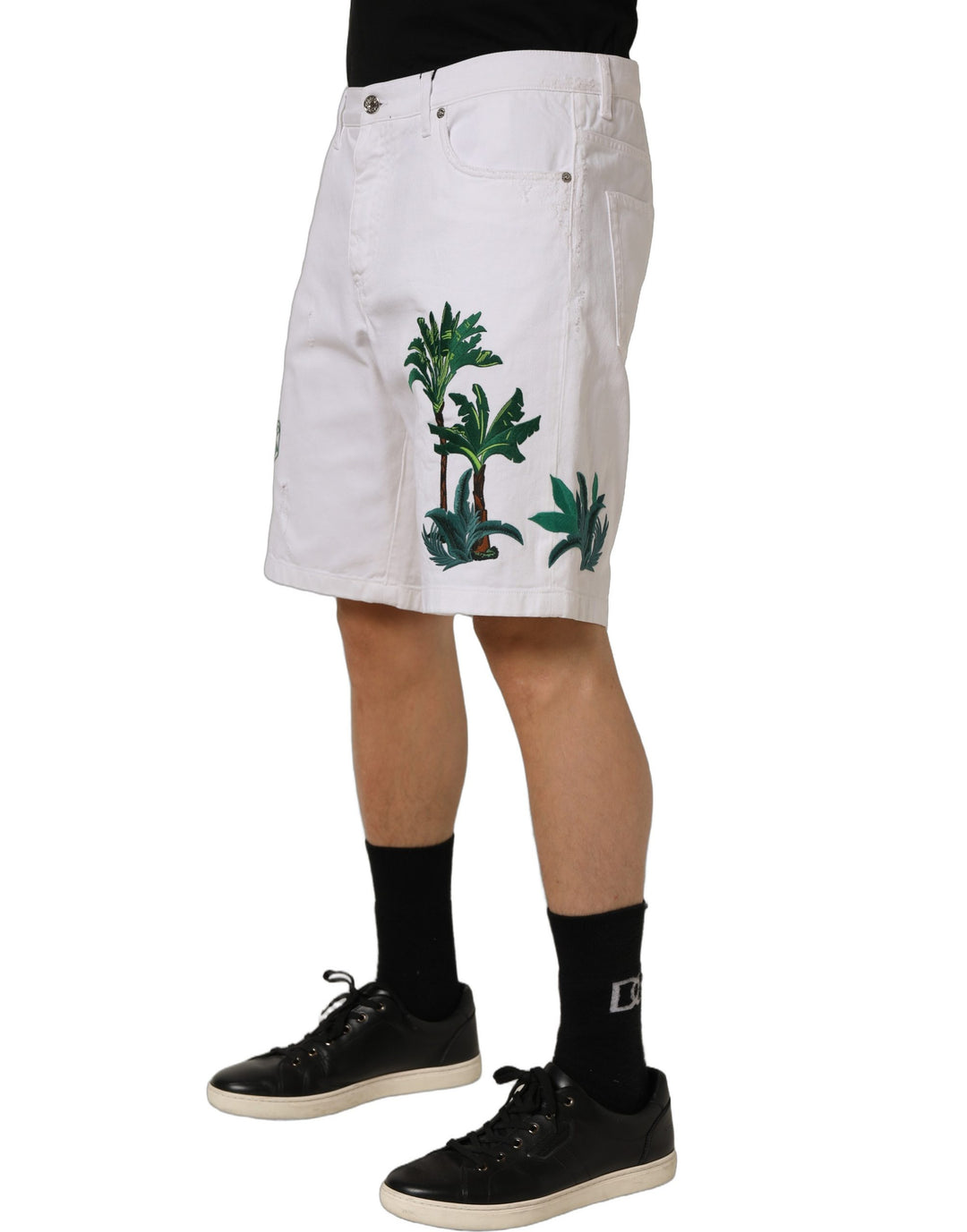 Dolce &amp; Gabbana White Palm Embroidery Denim Bermuda Shorts