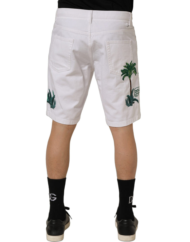 Dolce &amp; Gabbana White Palm Embroidery Denim Bermuda Shorts