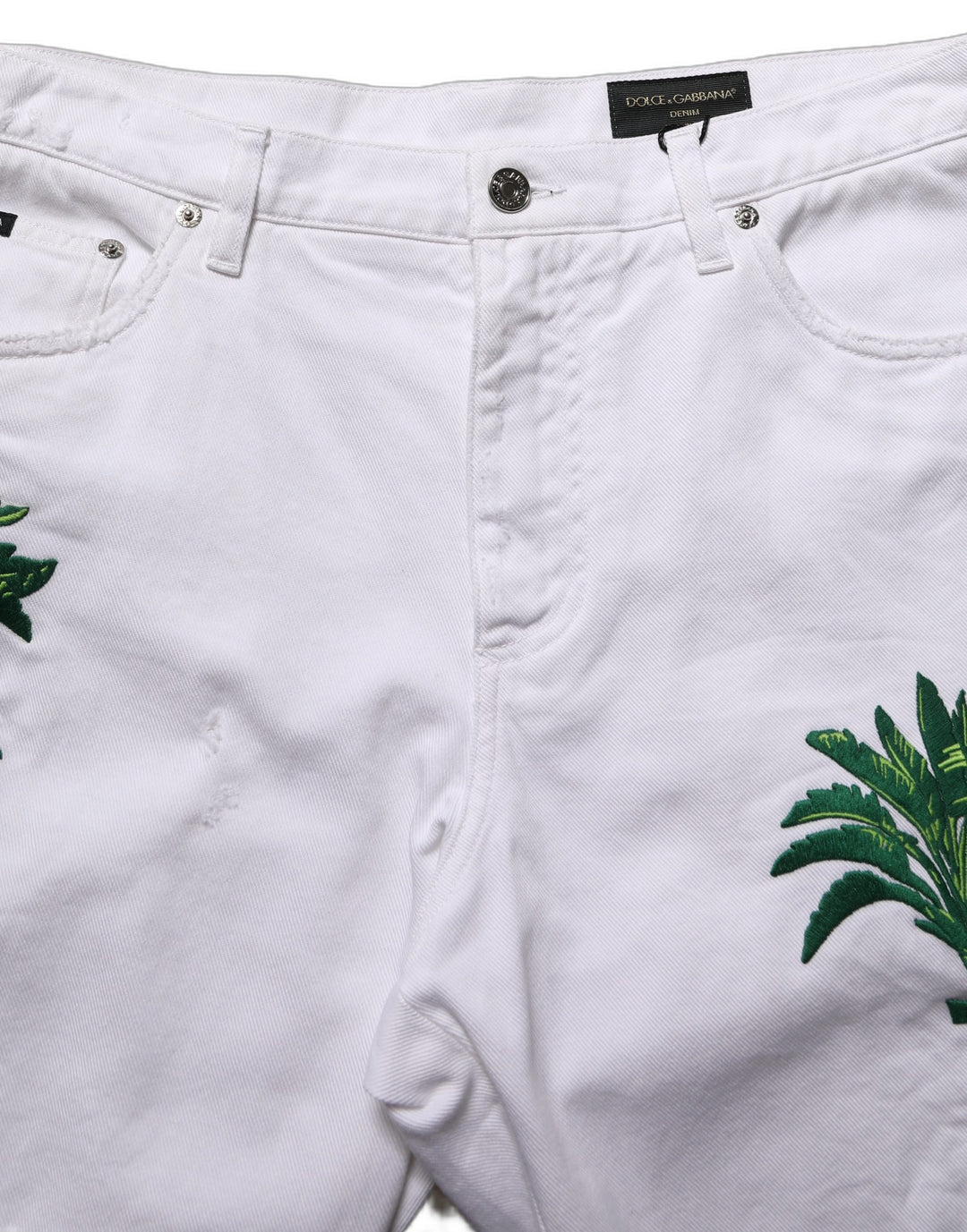 Dolce &amp; Gabbana White Palm Embroidery Denim Bermuda Shorts