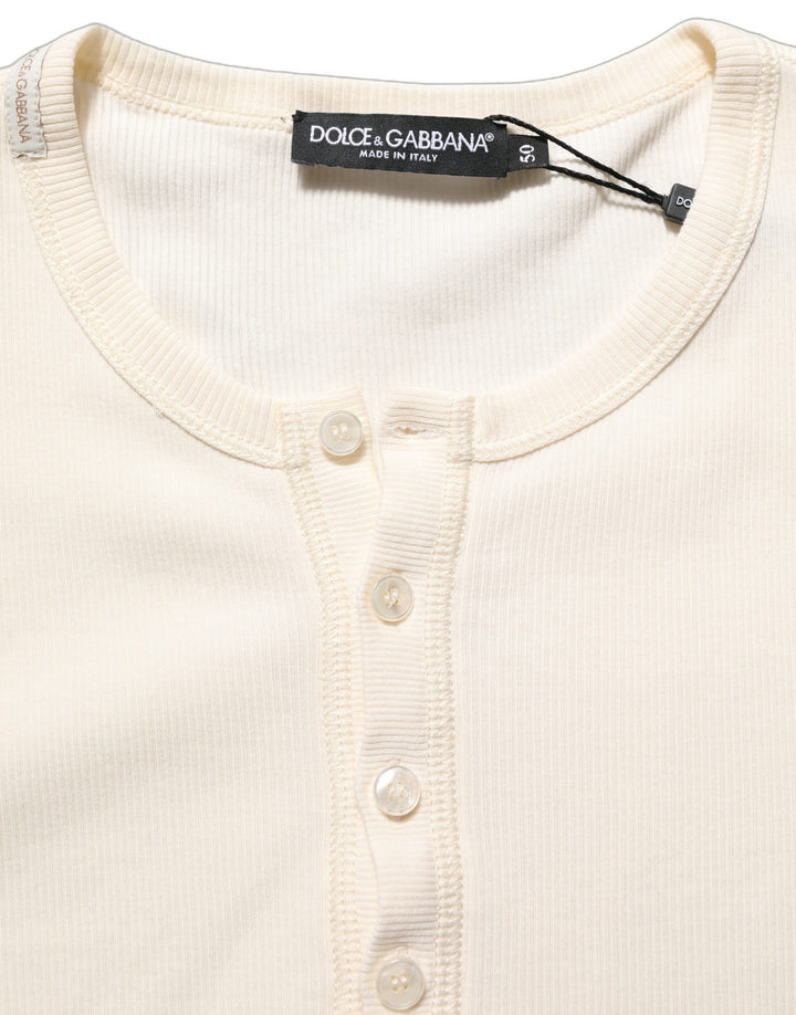 Dolce &amp; Gabbana Off White Cotton Henley Long Sleeves T-shirt