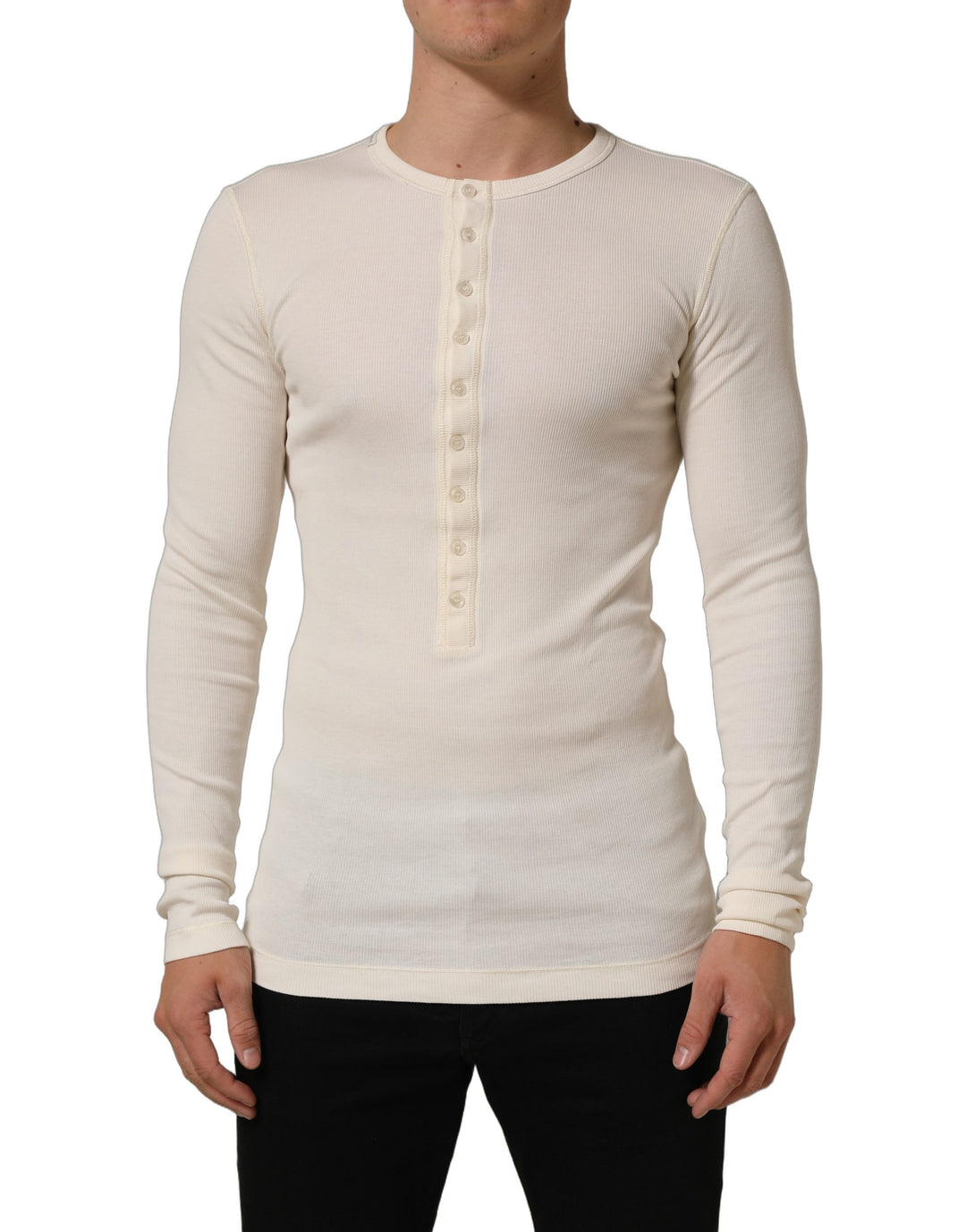 Dolce &amp; Gabbana Off White Cotton Henley Long Sleeves T-shirt
