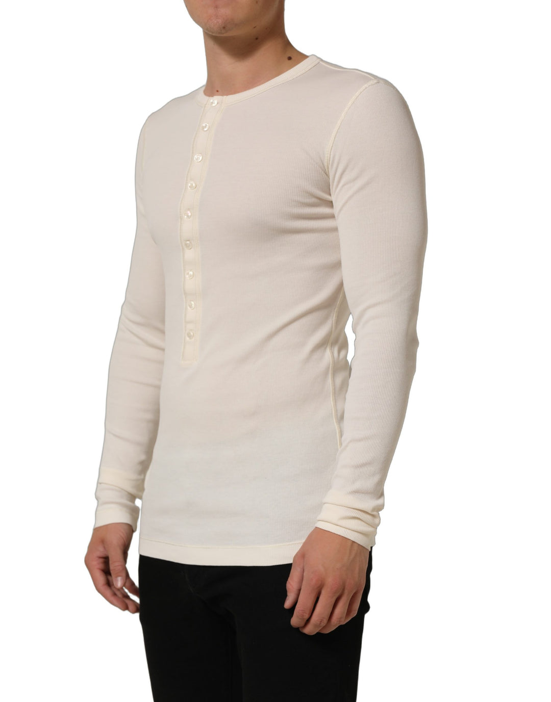Dolce &amp; Gabbana Off White Cotton Henley Long Sleeves T-shirt