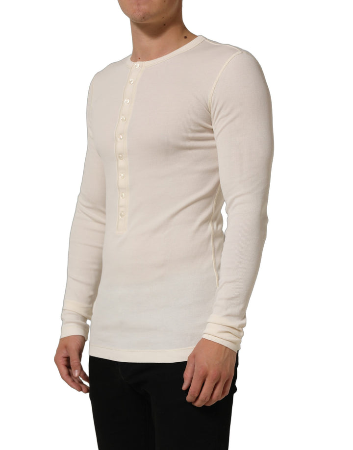 Dolce &amp; Gabbana Off White Cotton Henley Long Sleeves T-shirt