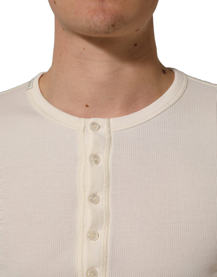 Dolce &amp; Gabbana Off White Cotton Henley Long Sleeves T-shirt