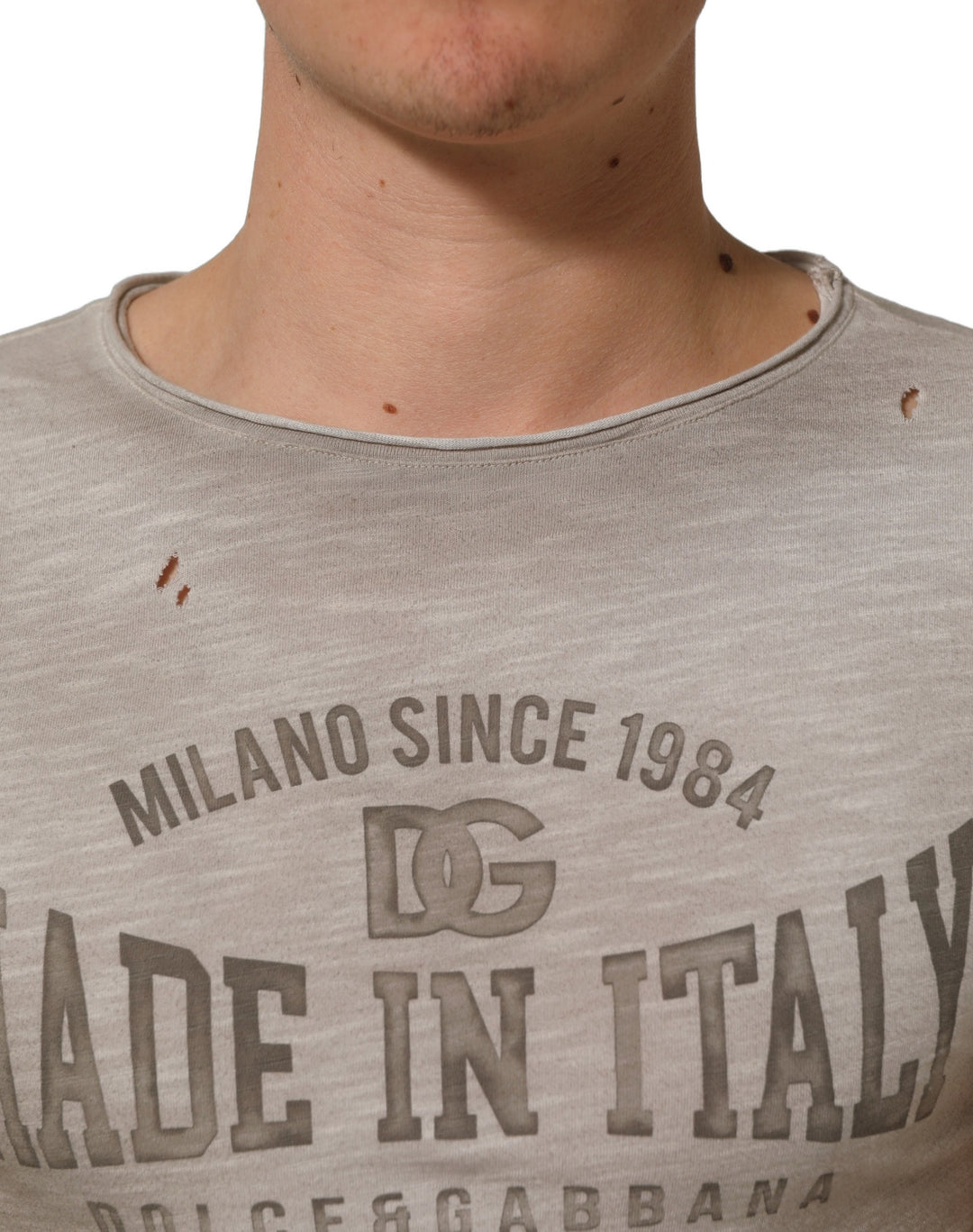 Dolce &amp; Gabbana Light Gray Graphic Print Distressed T-shirt