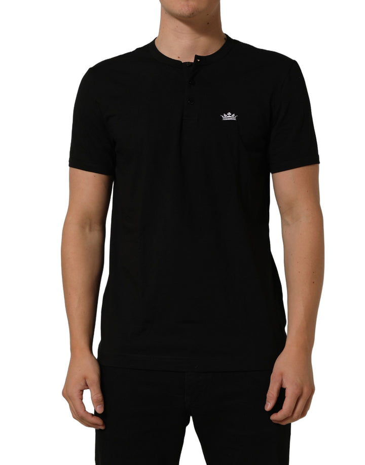 Dolce &amp; Gabbana Black Crown Short Sleeved Henley Men T-shirt
