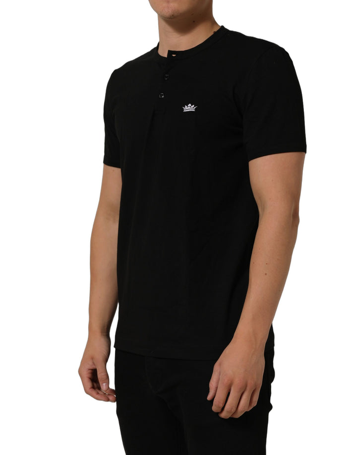 Dolce &amp; Gabbana Black Crown Short Sleeved Henley Men T-shirt