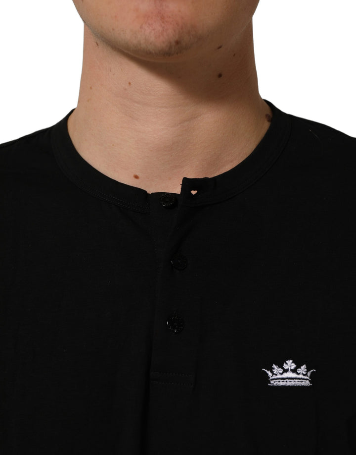 Dolce &amp; Gabbana Black Crown Short Sleeved Henley Men T-shirt