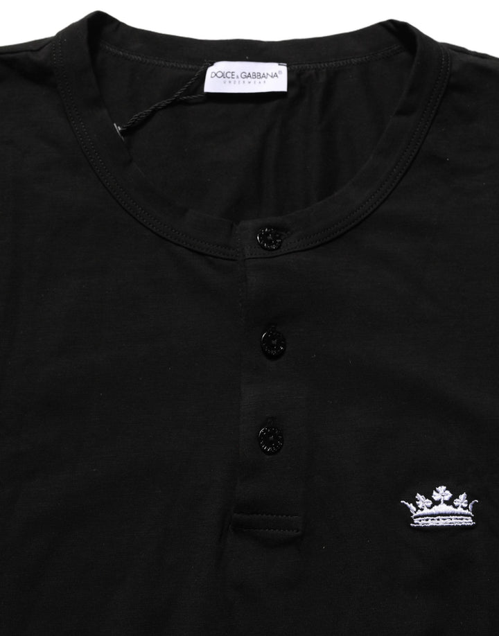 Dolce &amp; Gabbana Black Crown Short Sleeved Henley Men T-shirt
