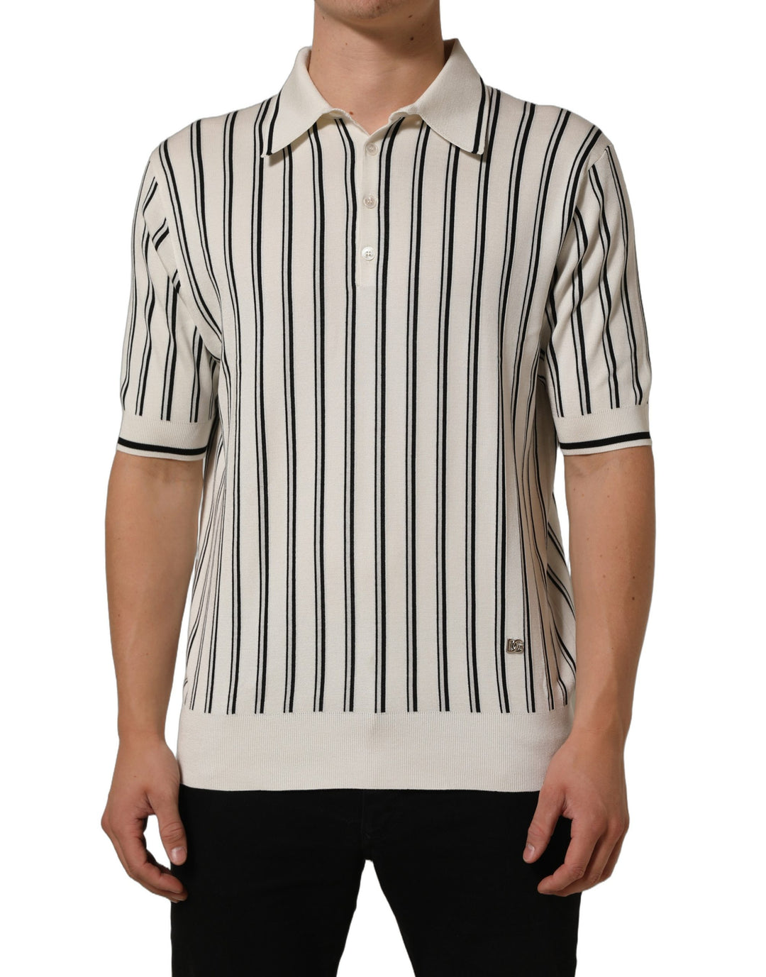Dolce &amp; Gabbana White Black Stripe Collared Polo T-shirt